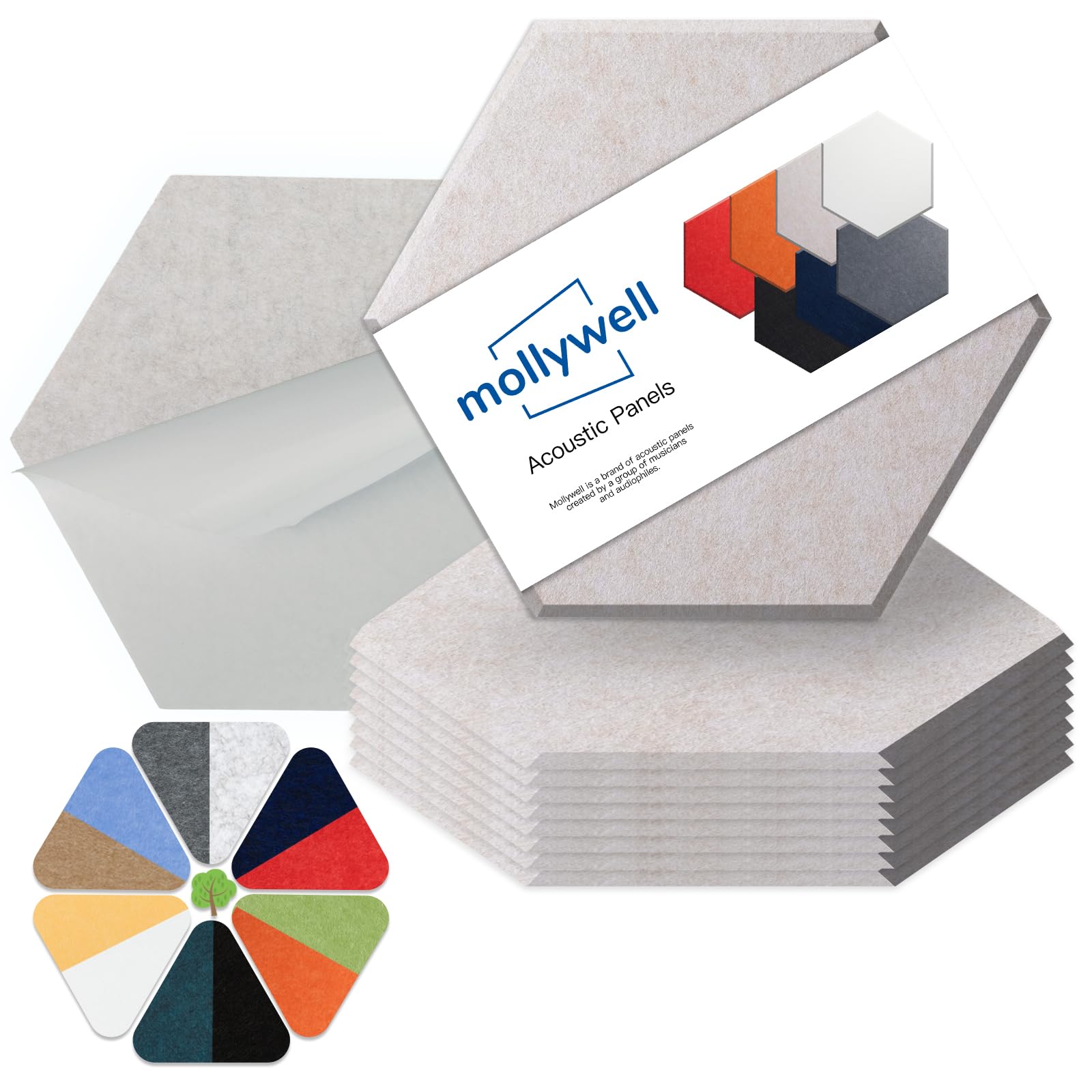 Mollywell Hexagon Acoustic Panels, High Density, Soundproofing, Decorative Noise Reduction Felt Wall Tiles For Ceilings, Home Of